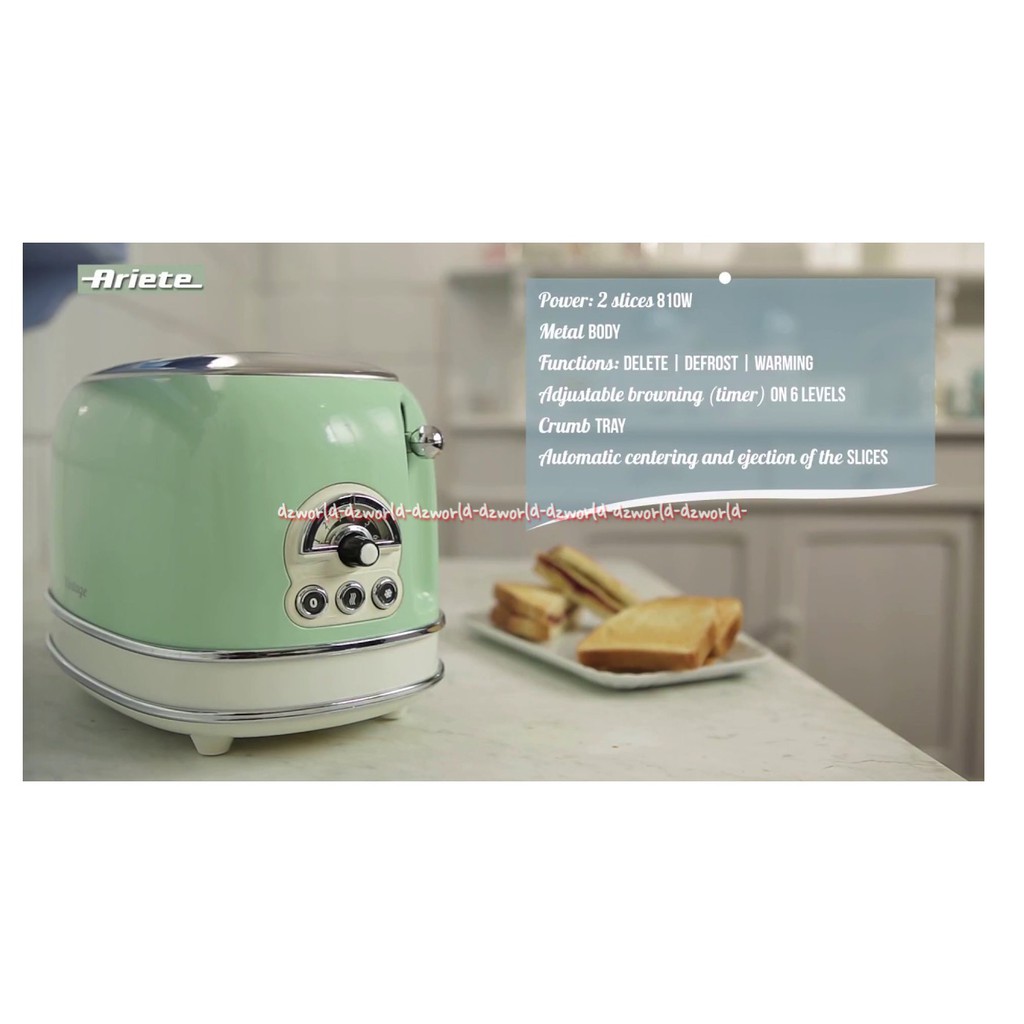 Ariete Pemanggang Roti 2 Slice Vintage Toaster Hijau Panggangan Roti