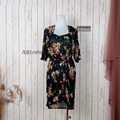 SKA281 Sexy Lingerie Hitam Motif Bunga Set Dress dan Kimono Luar - Baju tidur Seksi Wanita Tipis Tra