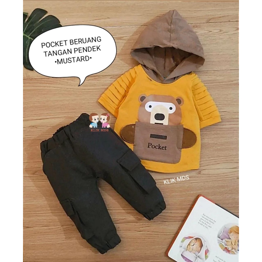 Setelan Anak Laki - Laki / Baju Bayi Laki- Laki Model Hoodie Lengan Pendek  Celana Panjang Ada Kantong Motif Pocket Bear