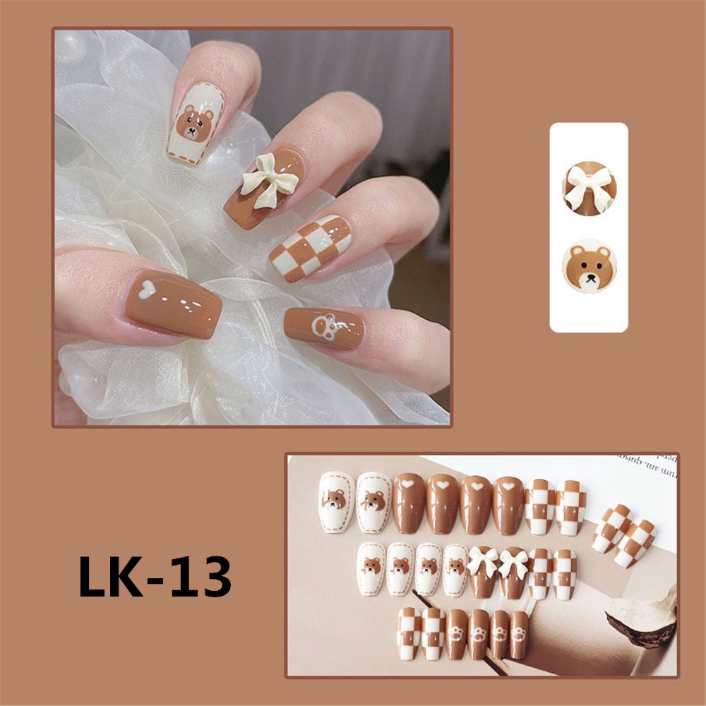 24 Pcs Patch Kuku Palsu Desain Hati Pita Beruang Aksen Glitter Untuk Aksesoris Perempuan