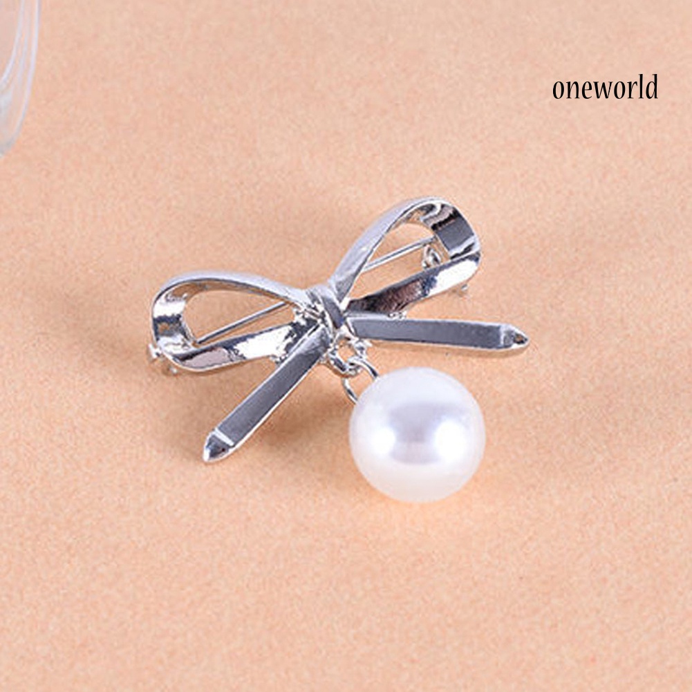 OW@ 2Pcs Women Lady Fashion Bowknot Big Faux Pearl Alloy Brooch Pins Jewelry Gift