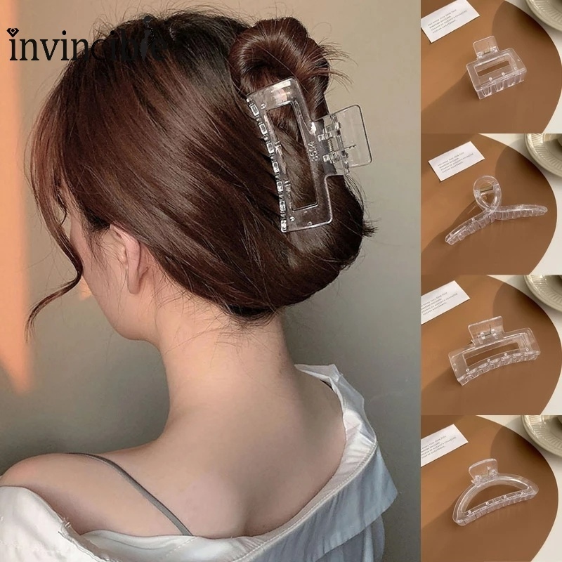 Jepit Rambut Bentuk Geometri Bahan Resin Transparan Aksen Mutiara Gaya Retro