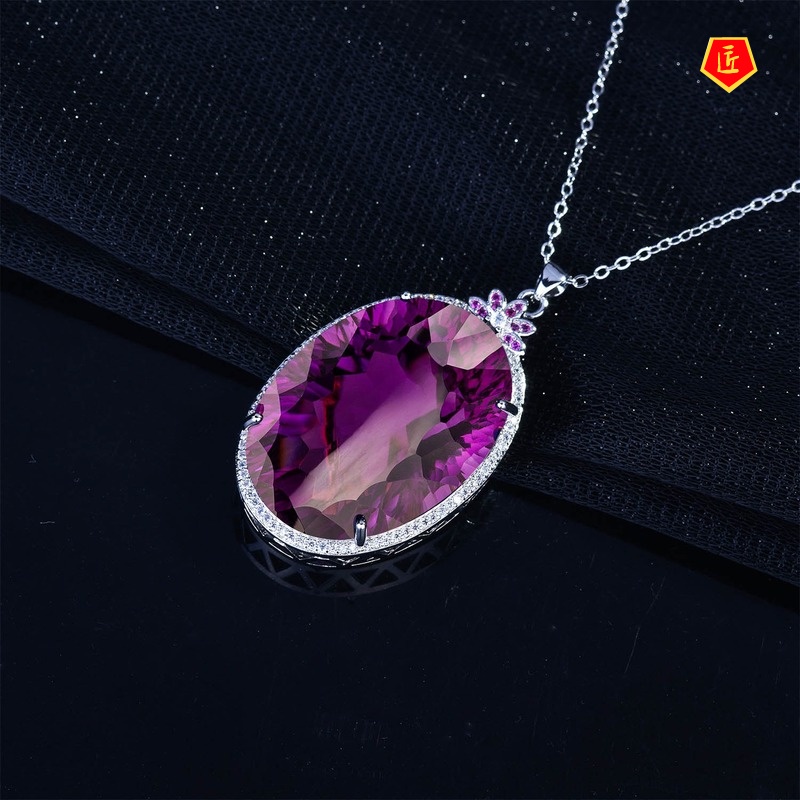 [Ready Stock]Luxurious Colored Gems Necklace Micro-Inlaid Diamond Elegant Amethyst Pendant