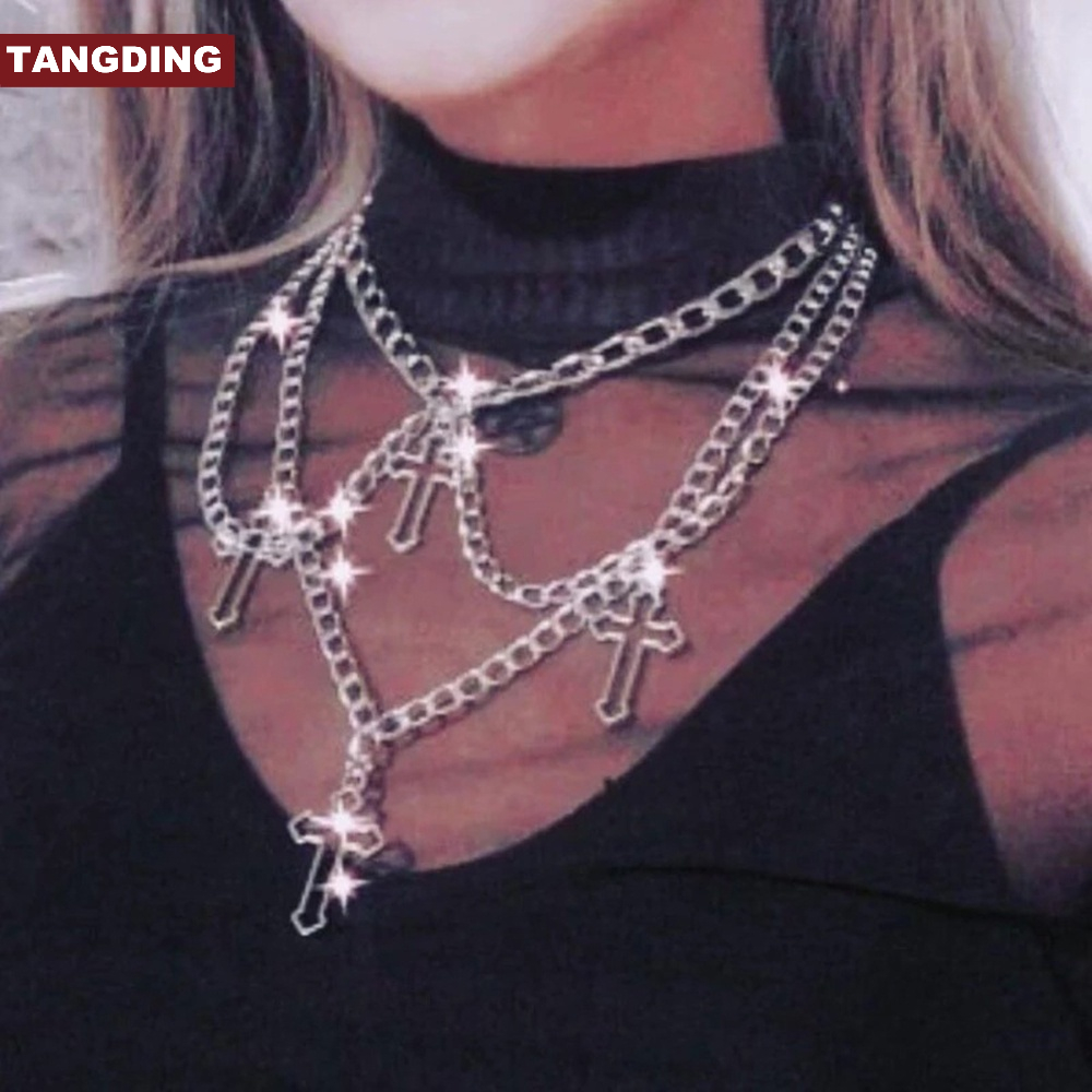 【COD Tangding】Kalung Choker Banyak Lapis Dengan Liontin Salib Gothic Untuk Wanita