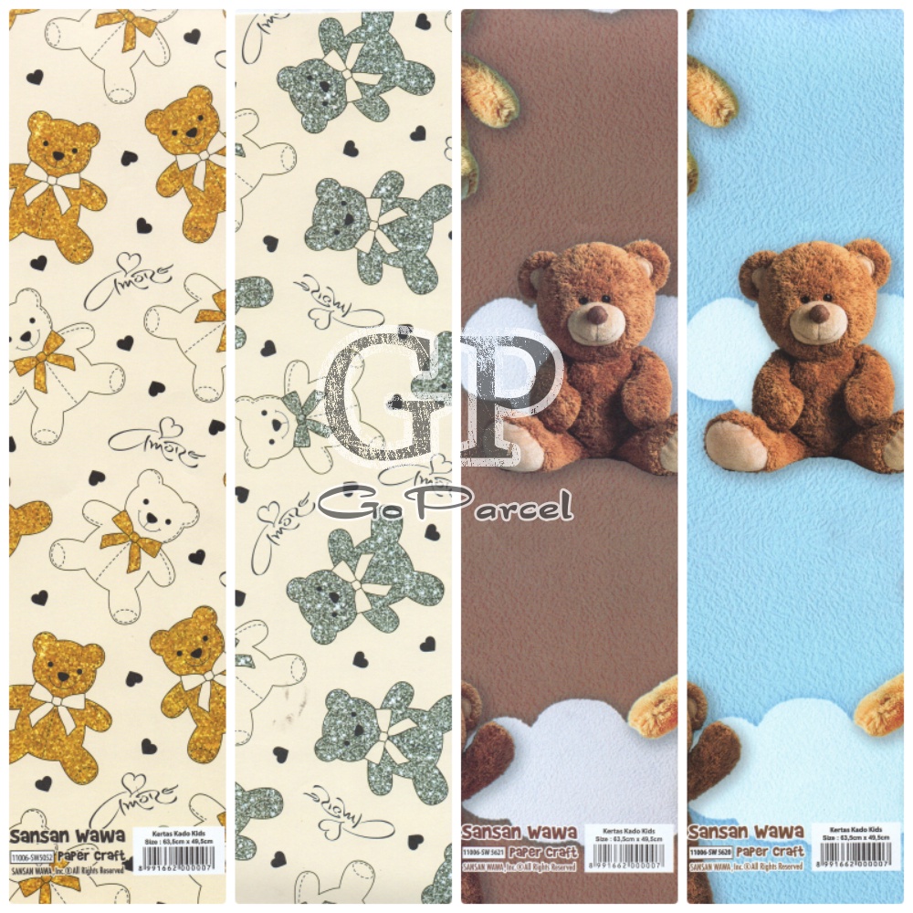 ( 5 Lembar ) BEAR SANWA - Best Seller! KERTAS KADO - GIFT WRAP PAPER SANSAN WAWA CUTE BERUANG CLASSIC VINTAGE SILVER / GOLD TEDDY BABY DOLL BLUE / BROWN