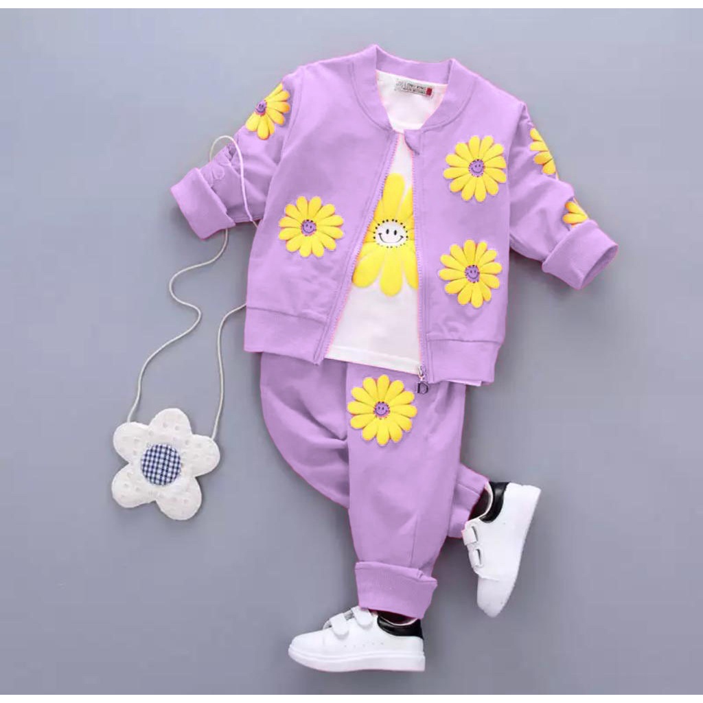 SETELAN 3 IN 1 SUN FLOWER SETELAN ANAK ANAK PEREMPUAN BAJU ANAK PEREMPUAN JAKET ANAK PEREMPUAN