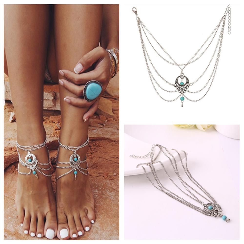 Lily Gelang Kaki Perhiasan Aksesoris Fashion Gaya Pantai Rantai Tipis Aksesoris Etnik Drop Rantai Multi-Lapis Memakai Liontin Pirus Perak Kaki