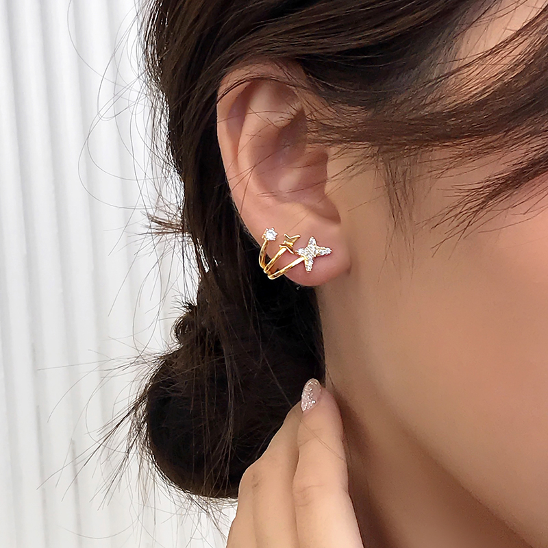 Anting Kupu-Kupu Berlian Berkilau Geometris Tiga Baris lady Korea