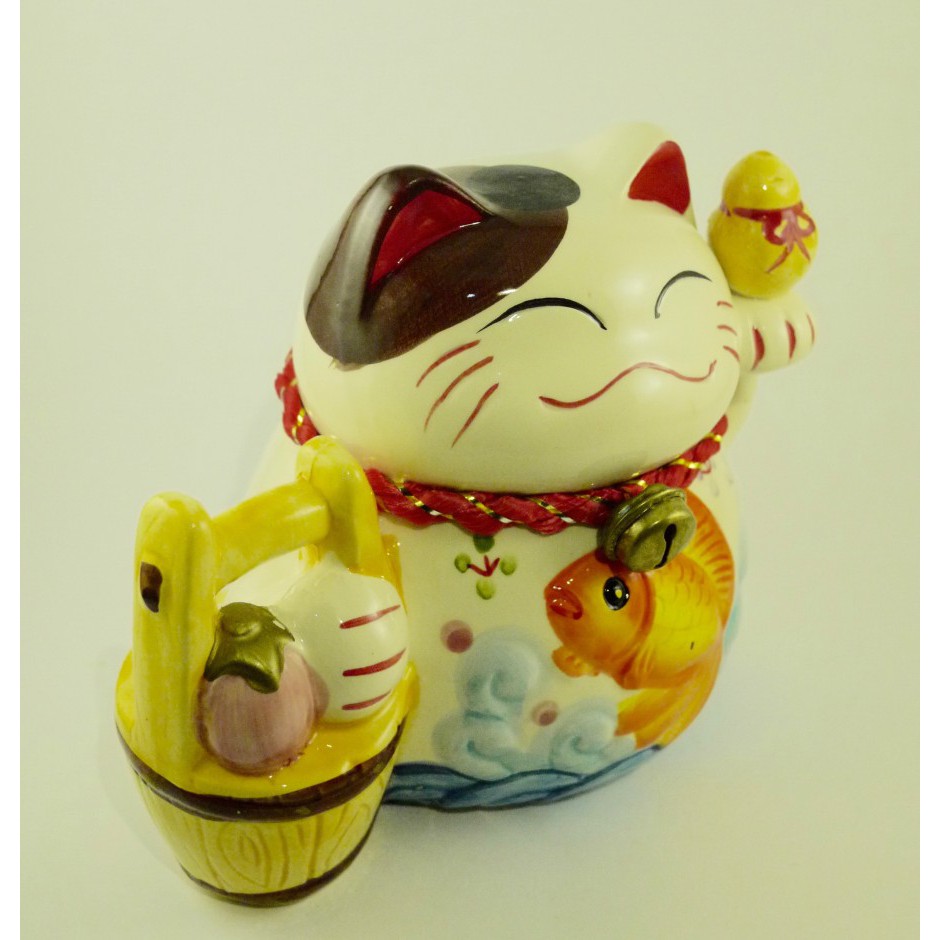 PAJANGAN CELENGAN KUCING EMAS MANEKI NEKO LUCKY CAT KERAMIK PUTIH