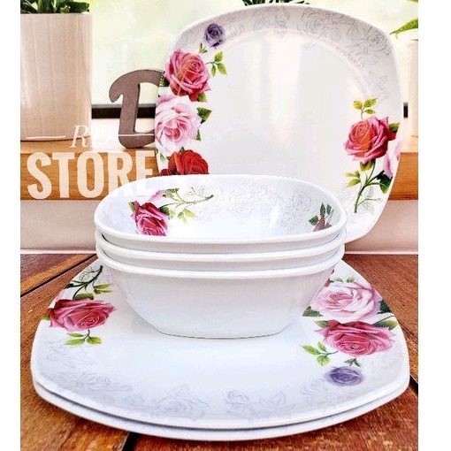 PROMO SET 6.PCS ISI 3.PIRING KOTAK SAJI 3.MANGKOK KOTAK MELAMINE MOTIF ROSE