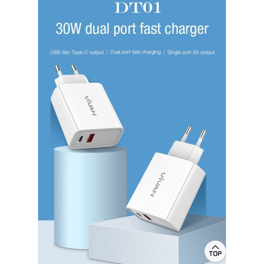 Charger VIVAN DT01 dual output 5A Type-C dan USB Fast Charging