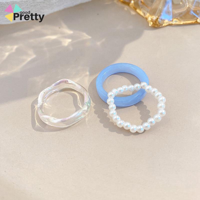 Cincin Resin Sederhana Cincin Mutiara Wanita Set Cincin Akrilik Premium 3 Buah - PD