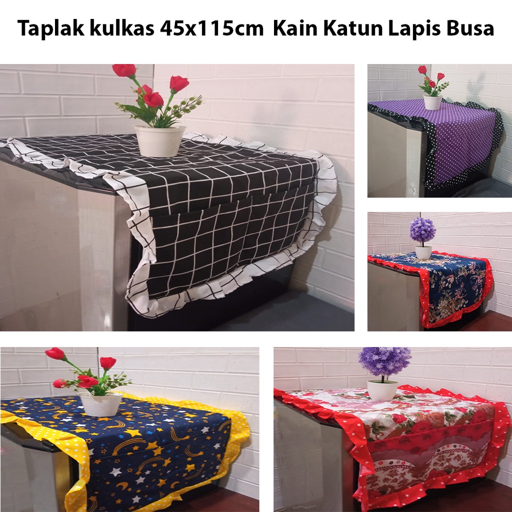Taplak Kulkas Aesthetic 1 Pintu Kain Katun Dilapis Busa Motif Karakter Batik Abstrak Bunga Dekorasi 