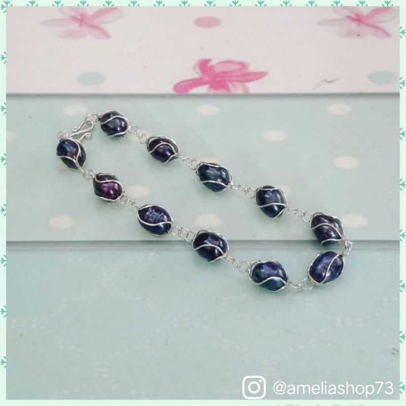 Gelang Perak Mutiara Air Tawar Hitam