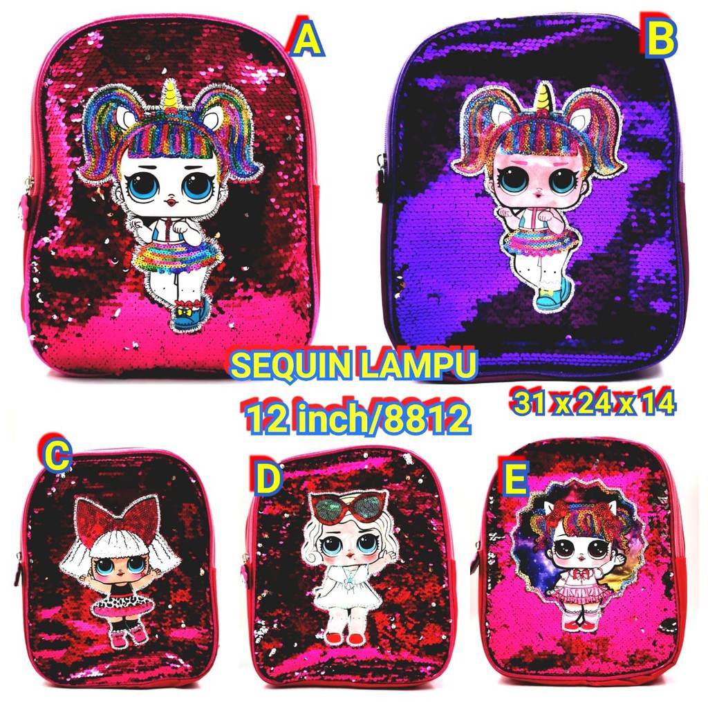 PA TAS RANSEL ANAK SEQUIN TAS LOL KARAKTER LED NYALA GLITTER TK SD PAUD WANITA / 8812 / TA037