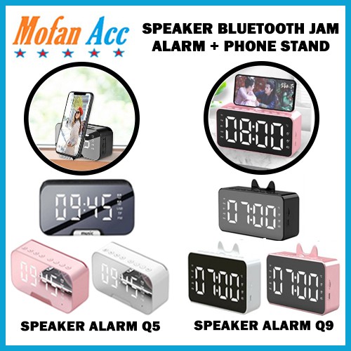 SPEAKER JAM Bluetooth Q5 Q9 LED Alarm Clock + Phone Stand Holder Digital Display Smart Portable Kaca