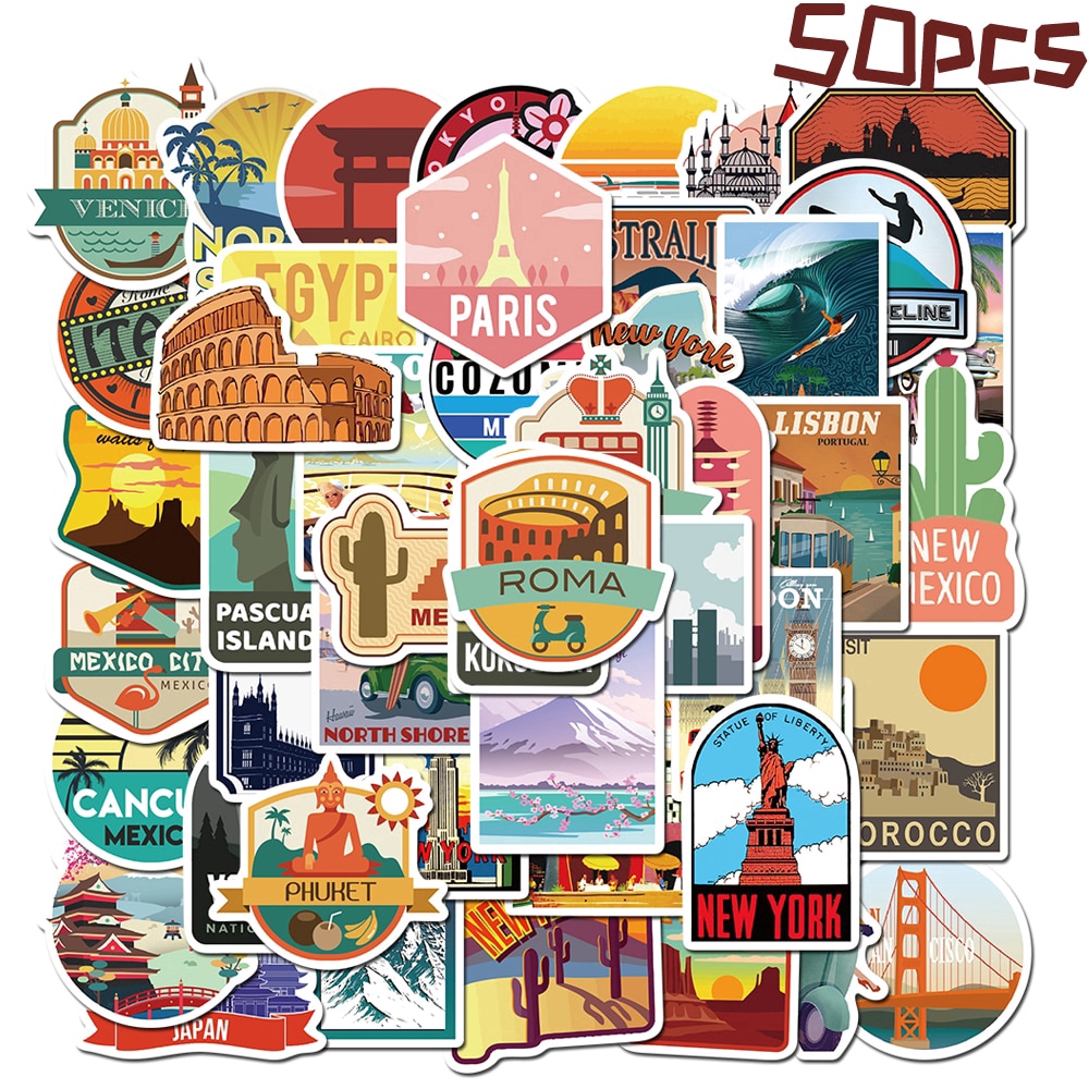 

(HNR)50pcs Pack Cities Travel Landscape Stickers For Skateboard Guitar Motorcycle Laptop Waterproof Sticker Toy Decals