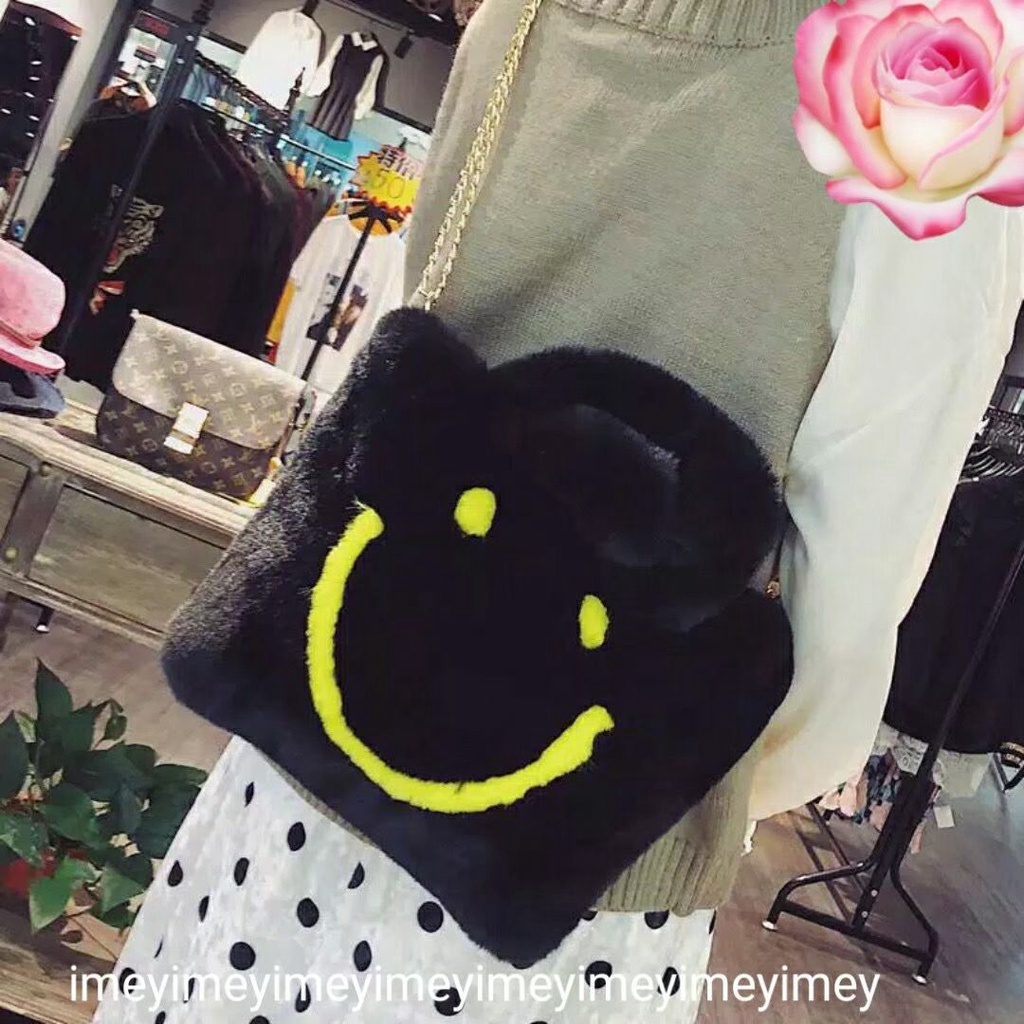 Tote Bag Wanita Bulu Soft Lembut Motif S.M.I.L.E Free Tali Selempang Rantai