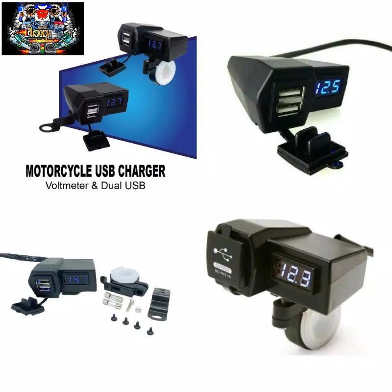 Volt Meter + Casger Dual Usb Model Jepit Stang Universal Semua Motor