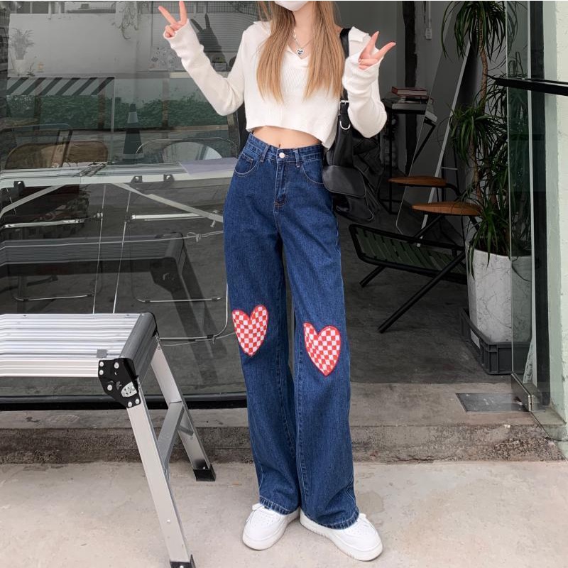 Warna Biru LOVE Highwaist Loose Kasual Celana Jeans Panjang Wanita