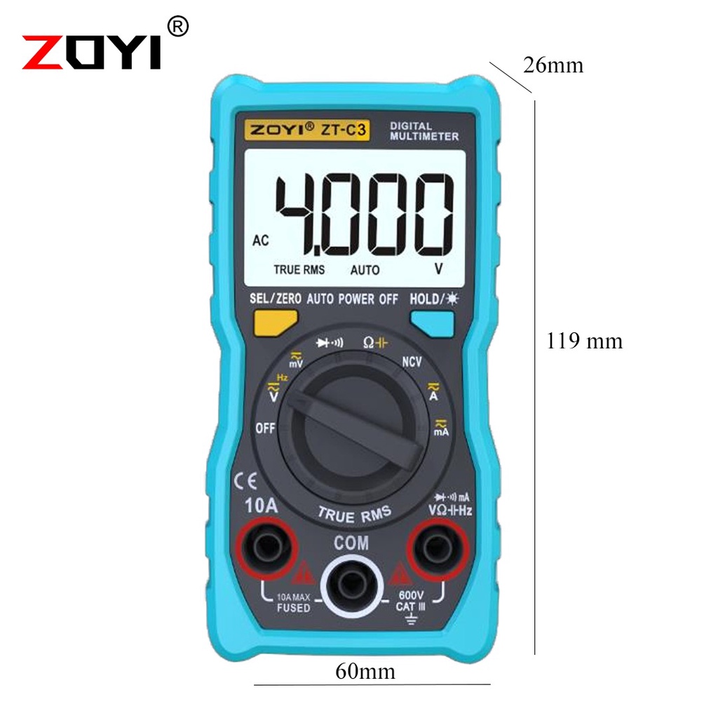 ZOYI ZT-C3 Multimeter Digital Buzzer Capasistor 4000 Counts Resistance DC AC Current