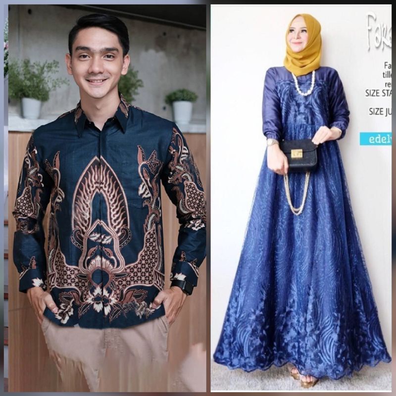 BATIK OFFICIAL SOLO Batik Couple Farasya Gamis Selma Tulle mutiara kombinasi ceruty payet &amp; kemeja batik