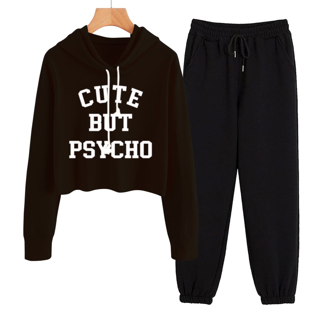 BESS - Baju Setelan Wanita Murah / Setelan Hoodie Crop + Jogger Hitam - CUTE BUTE PSYCHO