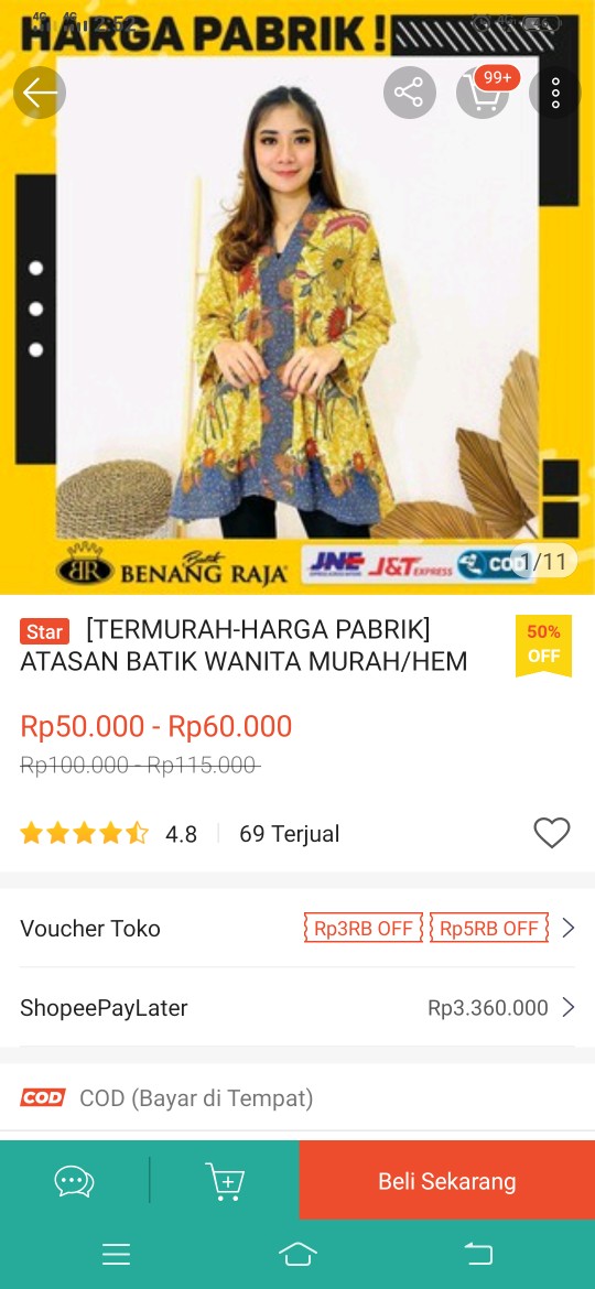 Benang Raja Atasan Batik Wanita Lengan Panjang Ukuran M L Xl