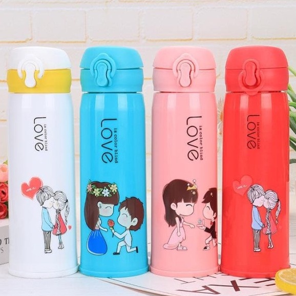 Botol Minum Kaca Kancing Motif Pure Love 500ml / Bottle Termos Air Panas Dingin