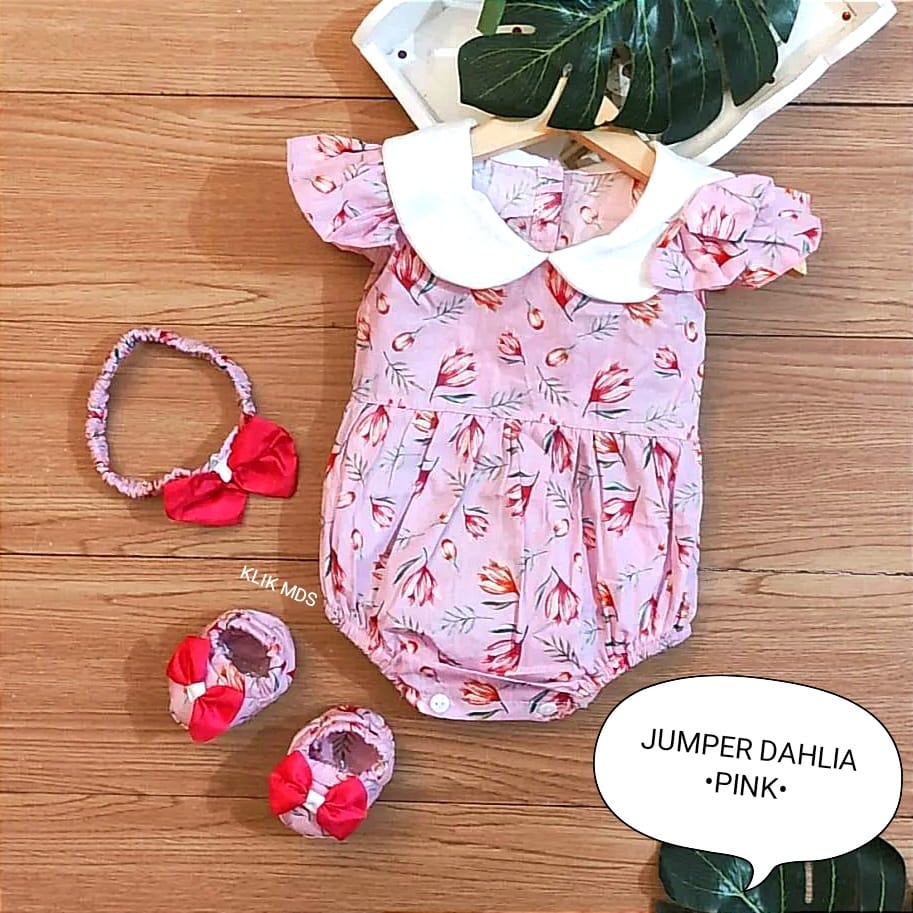 Jumper Bayi Perempuan  0-9 Bulan / Baju Anak Cewek Motif Dahlia Free Sepatu Dan Headband