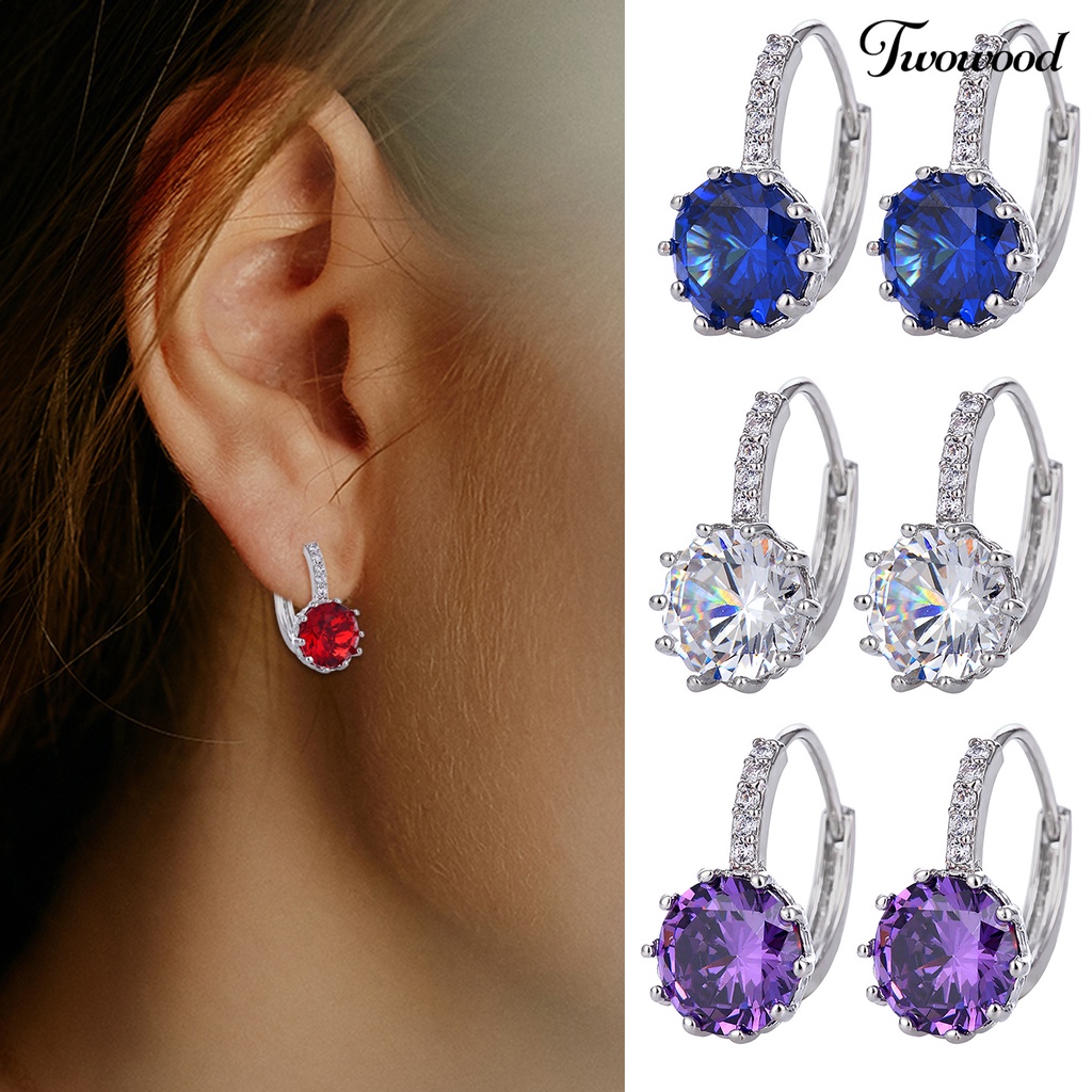 1 Pasang Anting Bentuk Bulat Kecil Bahan Metal Aksen Cubic Zirconia Untuk Wanita Drops
