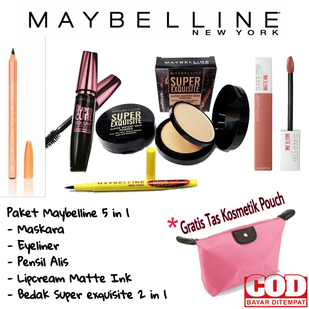 Paket Kosmetik Maybelline / Paket Makeup Komplit Maybelline 5 in 1 - Pensil Alis - Maskara - Eyeline