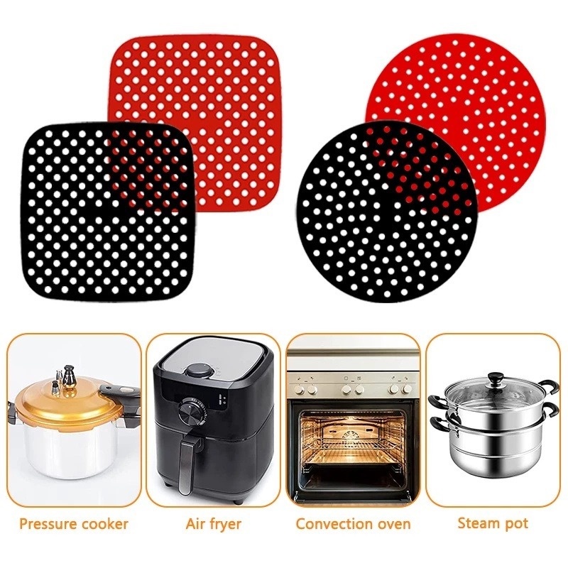 Matras Air Fryer Bahan Silikon Bentuk Bulat Persegi Anti Lengket Tahan Panas Dapat Digunakan Kembali