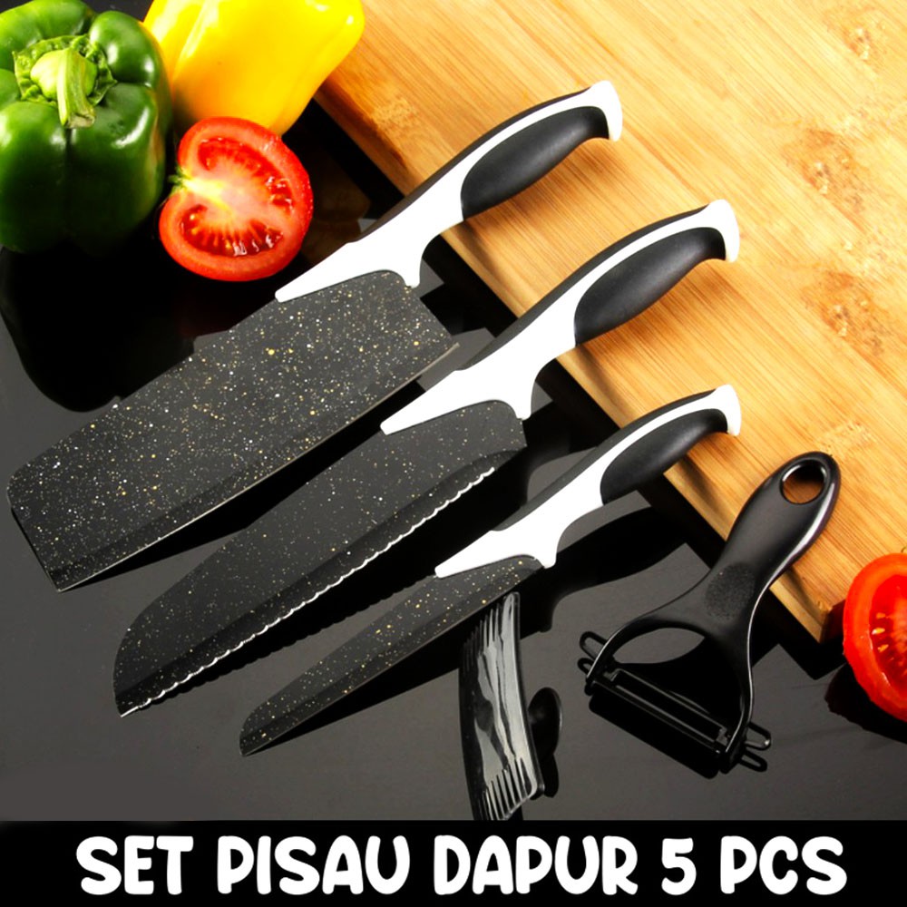 Pisau dapur set 5 pcs hitam batu maifan marble J13