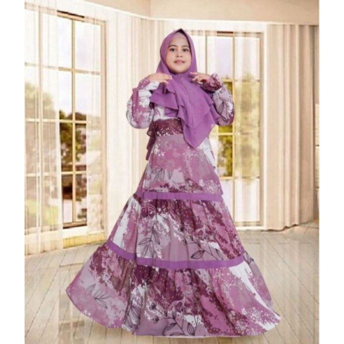 Gamis Anak Perempunn Muslim Hijab Syari Bergo Abstrack Fashion Dress Kid Girl Usia 12-14th Bahan Mos