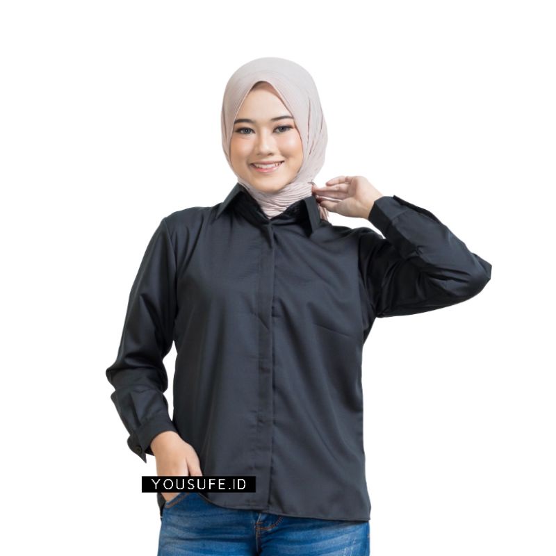 Kemeja Polos Hitam Wanita Lengan Panjang Muslimah Cocok Kantor Casual Formal Halus Bahan Toyobo