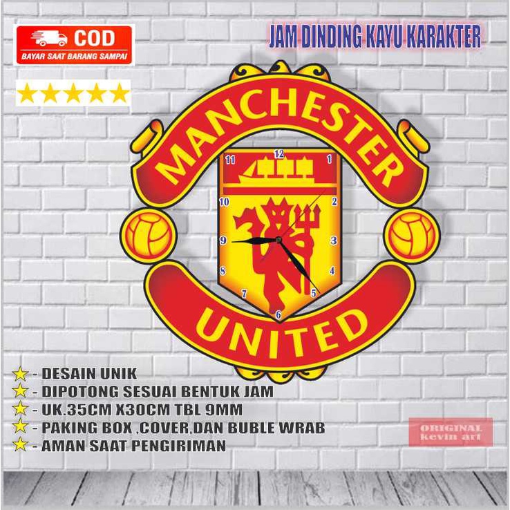 JAM DINDING KAYU UNIK BESAR VINTAGE KARAKTER MURAH GAMBAR LOGO MANCHASTER UNITED