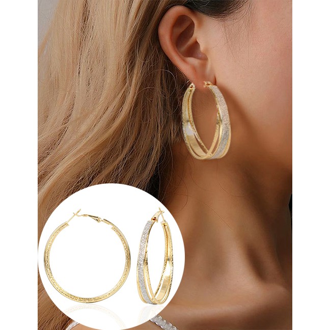 LRC Anting Fashion Golden Geometric Frosted Alloy Round Earrings K44270