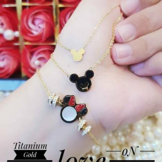 Set Titanium Wanita Miki Gelang Kalung Gold Gelang Rantai Titanium Miki Mouse