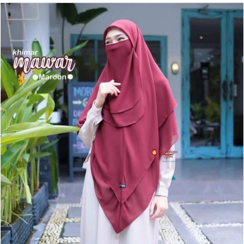 Khimar Instan Dua Layer Ceruty Jumbo Plus Cadar || Kerudung Segi Tiga Instan Syari || Hijab Instan Jumbo Syari-3