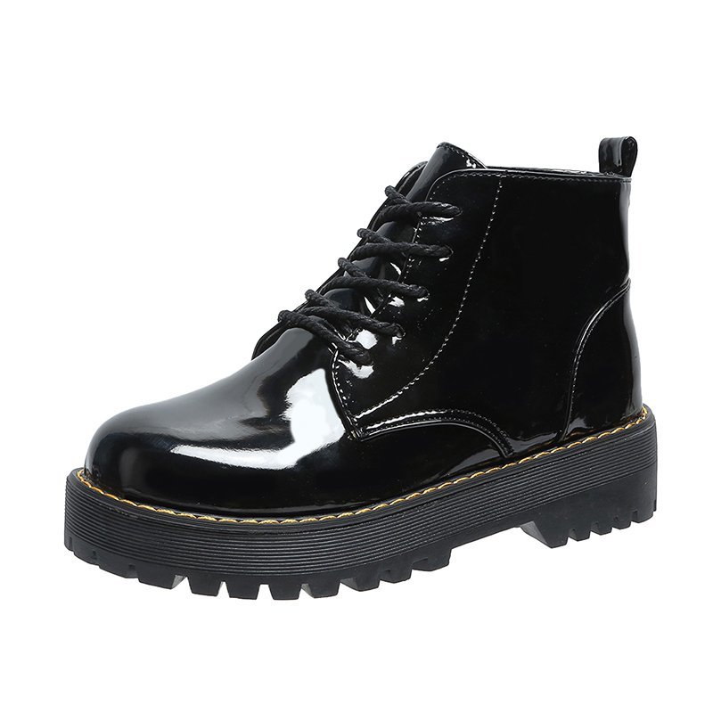 Sepatu Boots Wanita Martin Model British untuk  Glossy PU leather hitam+heel 4cm (Kotak sepatu gratis)