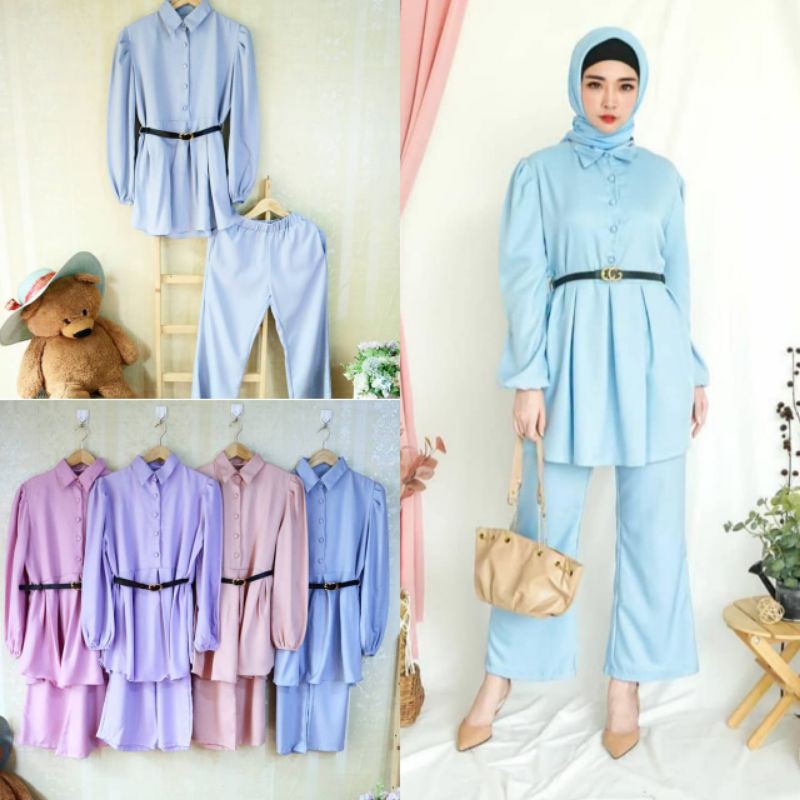 setelan saquila /one set celana  /setcel peplum /lilac /setelan wanita