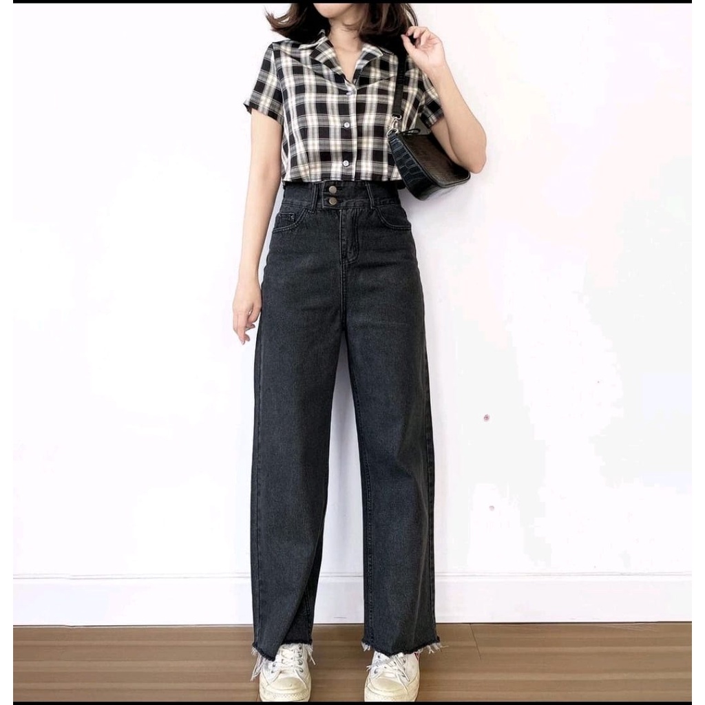 HOPYLOVY - Celana Panjang Boyfriend Jeans Wanita Highwaist Jeans Rawis Alecia