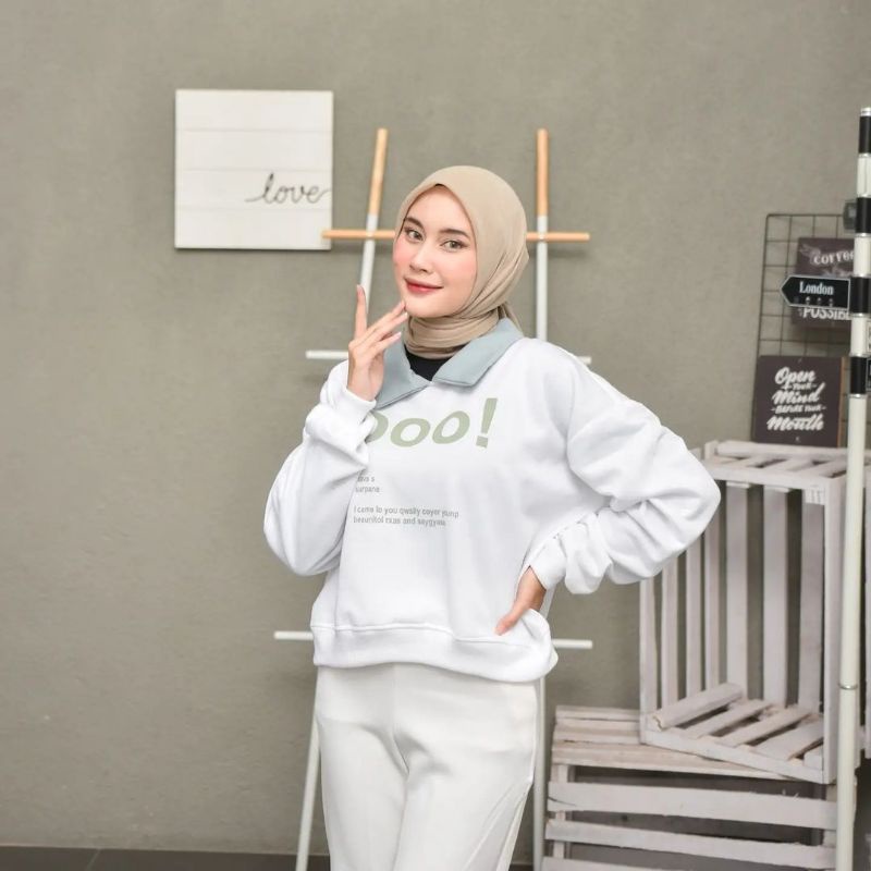 Sweater Crewneck Crop Wanita BOO Crop Kerah Termurah Bahan Fleece Lembut Dan Tebal