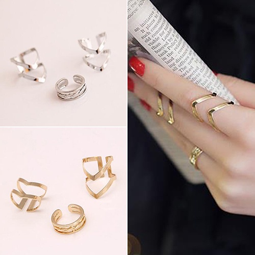 Hu Hu Hu Hu Hu Alat Bantu Pasang Kacamata♡ 3pcs / Set Cincin Knuckle Midi Model Terbuka Desain Panah Hollow Untuk Wanita