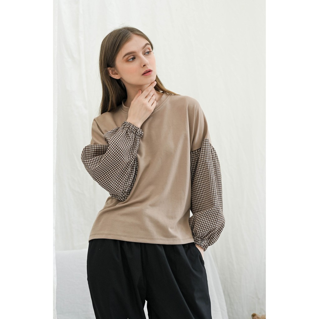 Yoenik Apparel Ghaniyyah Mix Balloon Tops Mocca M15829 R100S6 - Atasan Lengan Balon Blouse Wanita Korea Style-3