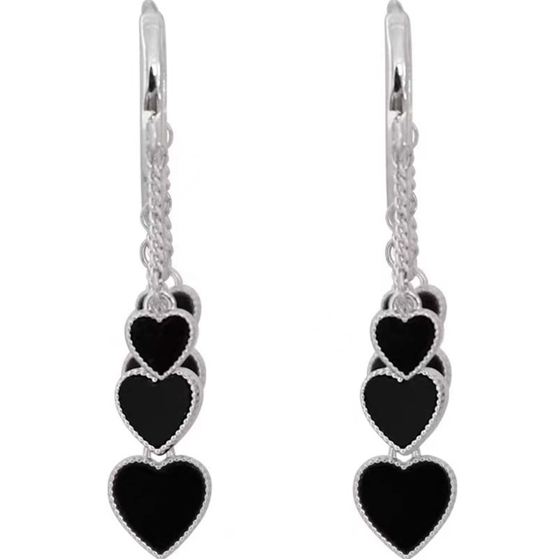 Anting Gantung Panjang Model Hati Dengan Rumbai Warna Hitam Untuk Wanita