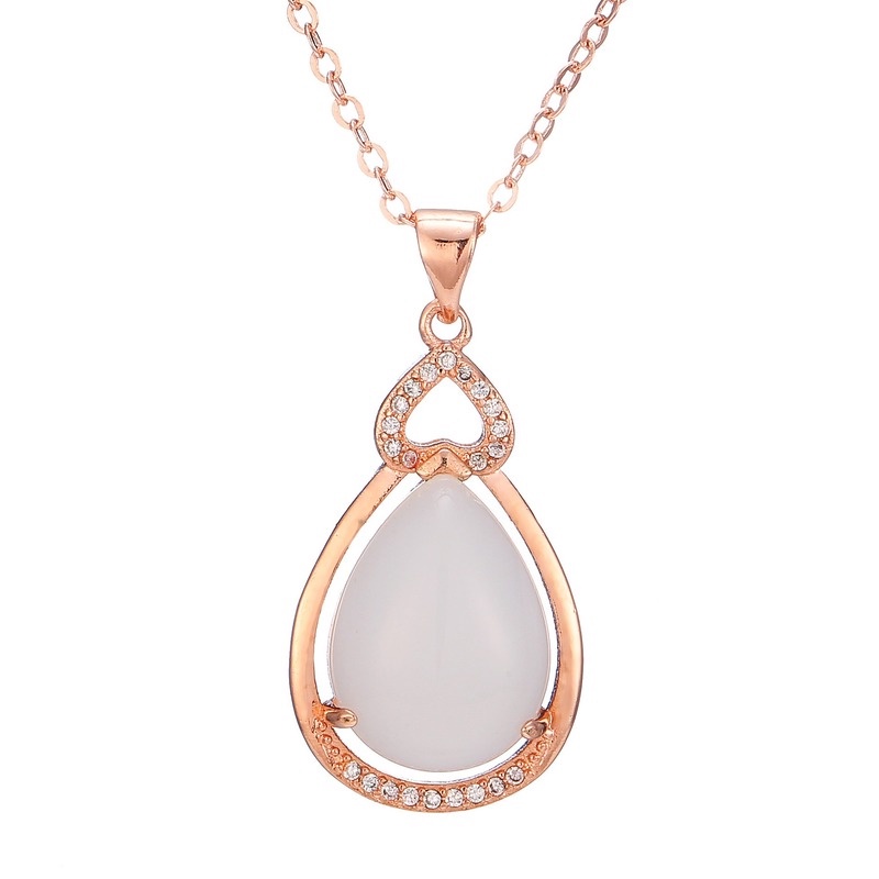 [Ready Stock]Fashion Gold-Plated Inlaid Jade Water Drop Pear-Shaped Pendant Necklace