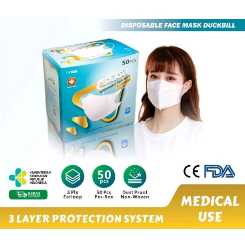 Masker Duckbill Chasa isi 50 Pcs Putih/Masker 3D dukbill Masker 3 Ply