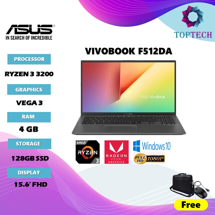 LAPTOP ASUS VIVOBOOK F512DA RYZEN 3 3200 RAM 4GB 128GB SSD VEGA3 W10 15.6FHD